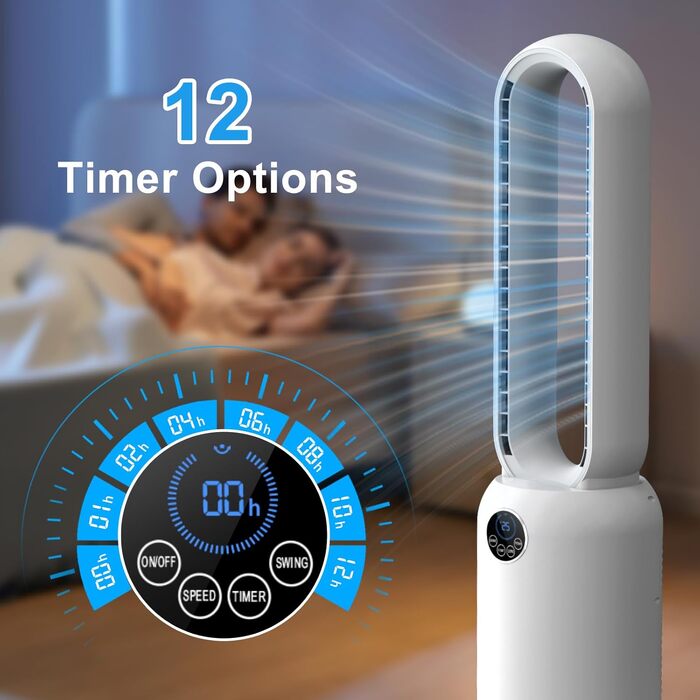 Безлопатевий вентилятор Turmventilator 88 см з LED-дисплеєм та пультом ДУ, 55 Вт, таймер 12 год, для спальні та офісу (білий)