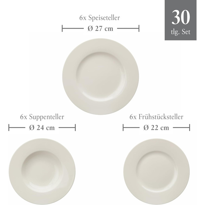 Villeroy & Boch vivo Basic White набір посуду 30 предметів, білий, преміум порцеляна, для сервірування столу, підходить для посудомийної машини та мікрохвильової печі, тарілки, чашки, кераміка, сервіз