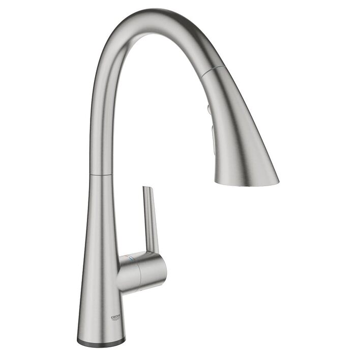 Змішувач кухонний GROHE Zedra з висувним душем, 3 режими, Supersteel, економія води