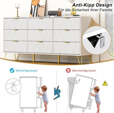Комод UEV з 9 шухлядами 150x34x74 см, сучасний білий шафа-сайдборд для вітальні, спальні, передпокою