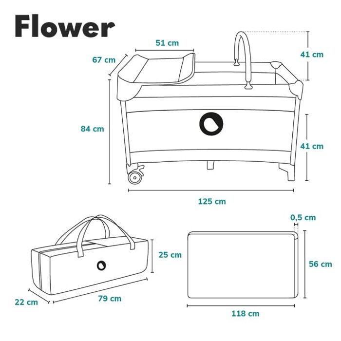 Дитяче ліжечко-манеж Lionelo Flower 4-в-1 з боковим входом, пеленатором, двома рівнями висоти, ігровою дугою, колесами та сумкою для перенесення