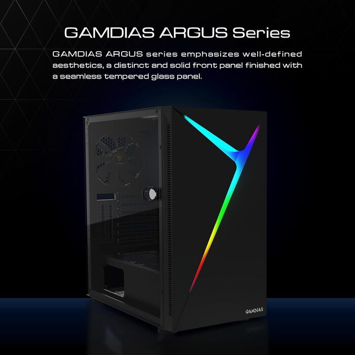 Ігровий корпус для ПК GAMDIAS ARGUS E4 Elite, Mid-Tower ATX, загартоване скло, ARGB підсвічування, 120 мм вентилятор, підтримка ATX