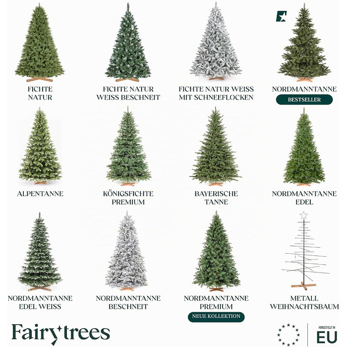 Штучна ялинка FAIRYTREES Nordmann Premium 220 см, білий засніжений сосновий колір, PVC, з натуральними шишками та дерев'яною підставкою