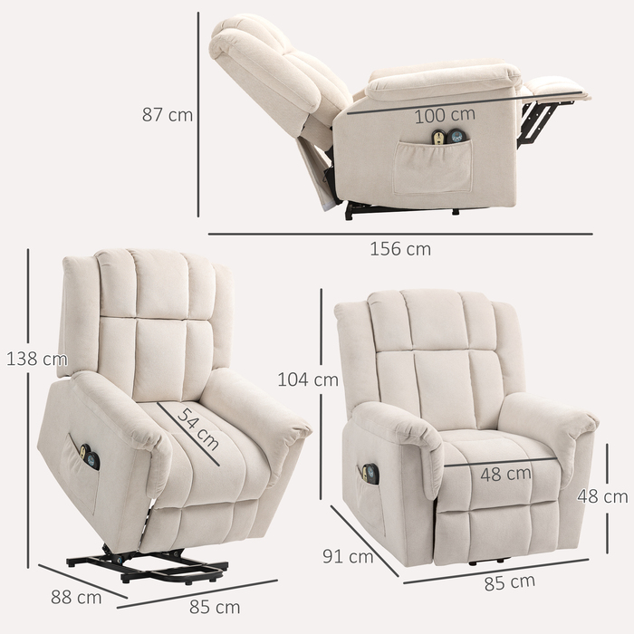 HOMCOM Recliner TV Recliner Електричне регульоване масажне крісло з функцією відкидання допоміжного обігрівача сидячи та стійки, широка спинка телевізора Крісло з підніжкою, 2 бічні кишені для вітальні бежевий