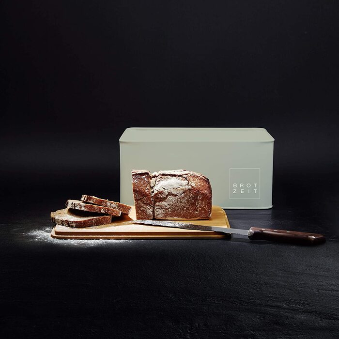 Хлібниця Lumaland Cuisine з металу та бамбуковою кришкою, прямокутна 30,5×23,5×14 см, 2-в-1 контейнер для хліба та обробна дошка, м'ятна
