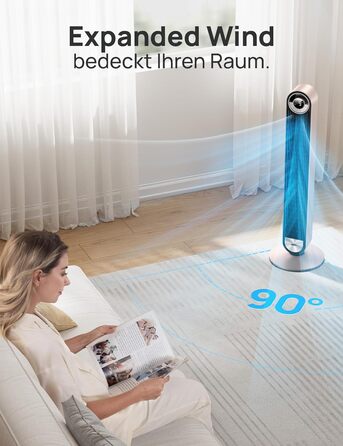 Тихий смарт-вентилятор-колона Dreo 106 см з Wi-Fi, Alexa, охолодженням, 9 швидкостей, 4 режими, таймер 12 годин, дистанційне керування, 90° обертання, бежевий
