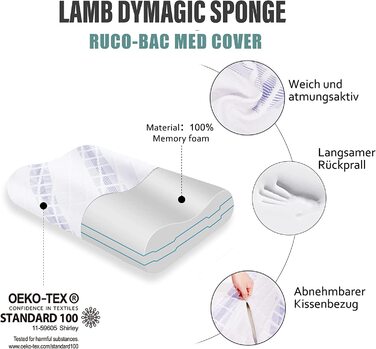 Подушка для шиї LAMB з Memory Foam, регульована висота, ергономічна, знімний чохол 60x36x12/10 см, блакитна