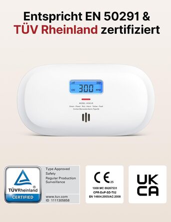 X-Sense Детектор чадного газу XC0C-iR з LCD-дисплеєм, сертифікат TÜV Rheinland, керування через додаток, змінна батарея, 1 шт. Білий