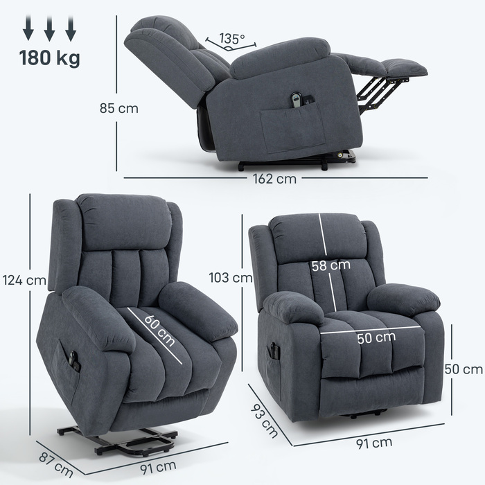 Крісло для телевізора HOMCOM з підйомним механізмом, електричне крісло-релакс з функцією відкидання спинки та масажем, 93x91x103 см, темно-сірий