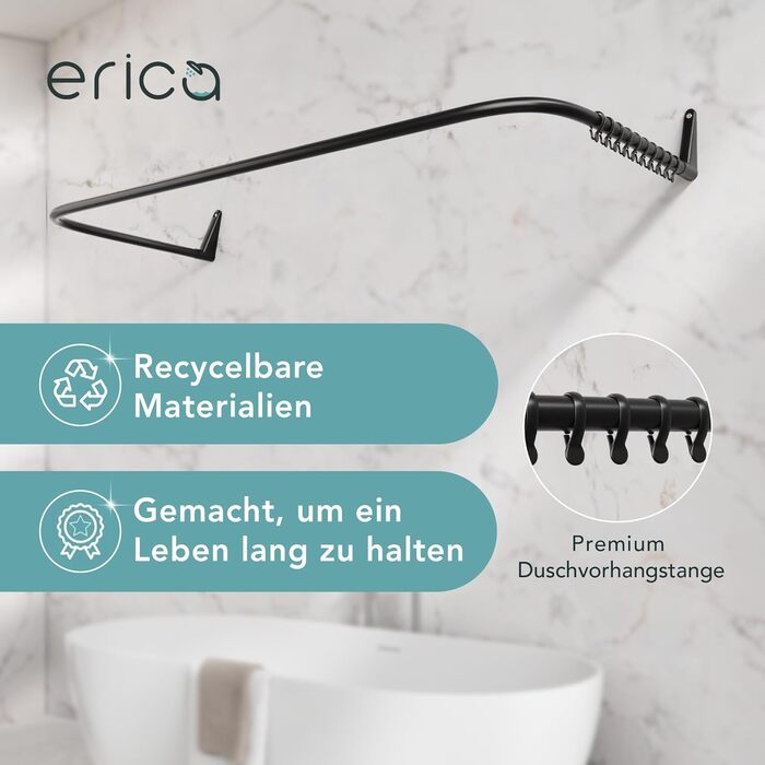 Штанга для душу Ericha L-подібної та U-подібної форми - 4-в-1 для ванни та душу - сталева з порошковим покриттям (чорна)