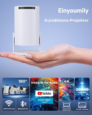Mini проектор 4K Beamer з Android 14, WiFi 6 та Bluetooth 5.4 – 20000 Люмен, Автокорекція трапеції, Портативний кінотеатр для дому (білий, 15x11x18 см)