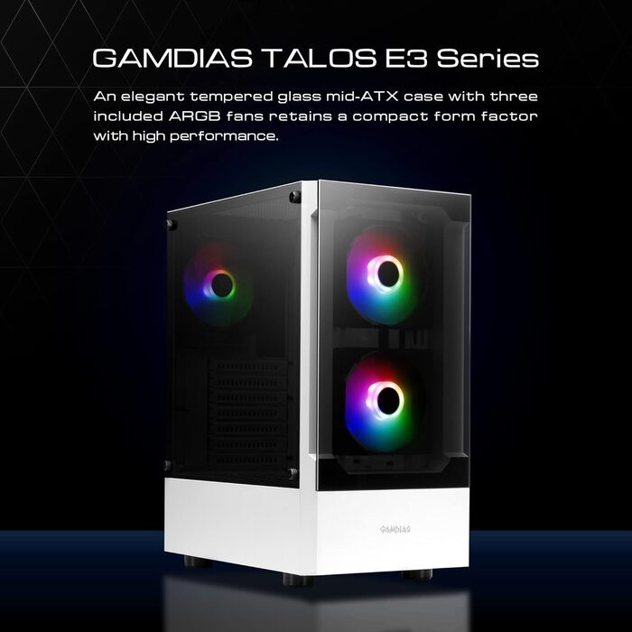 Ігровий корпус GAMDIAS ATX Mid-Tower, 3x120мм ARGB вентилятори, білий, скляна бокова панель, сітчаста передня панель, PSU-кожух