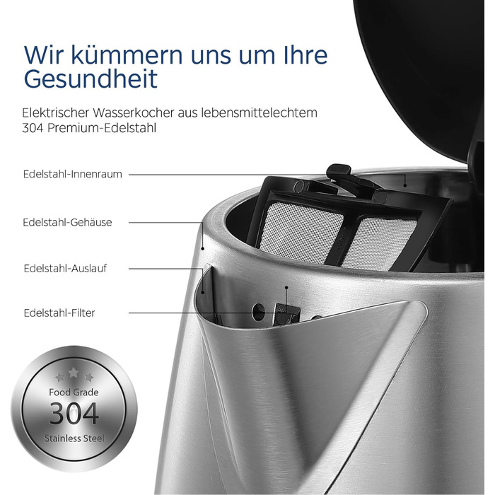 Електрочайник Midea MK-17S30A2 з нержавіючої сталі, 1.7 л, BPA-free, 2200 Вт, швидке кип’ятіння, ізольована ручка, індикатор рівня води, LED-підсвітка, захист від перегріву