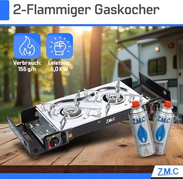 Газовий набір для кемпінгу ZMC 2-конфортний з адаптером для LPG + 4 балончики 227г + кейс, потужність 2,5KW, з п'єзозапалюванням для відпочинку на природі та дому (газовий нагрівач + гриль + 12 балончиків)