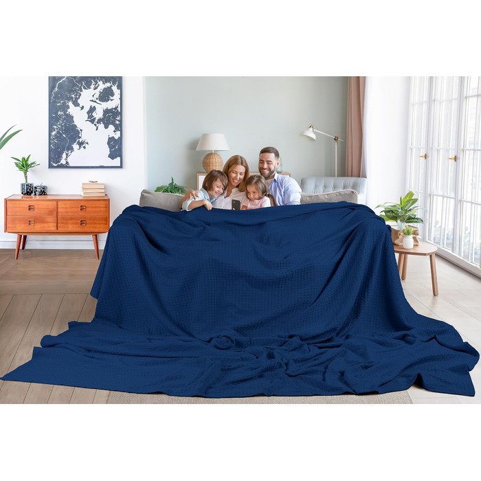 Вафельна ковдра Utopia Bedding з 100% бавовни, літня легка ковдра, 304x304 см, темно-синя (Marine)