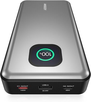 Powerbank 140W, 25000mAh з дисплеєм, PD3.1 для ноутбуків, MacBook, iPad, iPhone, Switch