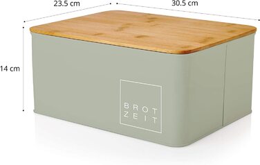 Хлібниця Lumaland Cuisine з металу та бамбуковою кришкою, прямокутна 30,5×23,5×14 см, 2-в-1 контейнер для хліба та обробна дошка, м'ятна