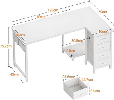 Кутовий письмовий стіл Coleshome L-подібний, 120x70 см, з 4 шухлядами, білий — обернений комп'ютерний стіл для офісу, кабінету та спальні