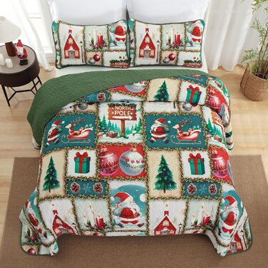 Покривало WONGS BEDDING 240x260 см, стьобане, мікрофібра, комплект 3 предмети: покривало та 2 наволочки 50x75 см, зелений різдвяний малюнок ялинка та олень, для двоспального ліжка