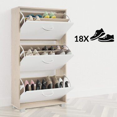 Шафа для взуття Casaria® на 18 пар, вузька, 115x60x25 см, 3 дверцята, висока, з дерева, закрита, з фіксацією від перекидання, для прихожого, світла бука/білий колір