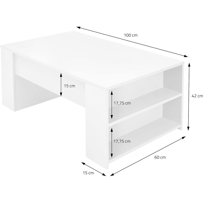 Стіл журнальний ML-Design білий 100x60x42 см, сучасний дерев'яний столик для вітальні з 2 боковими полицями, просторий кавовий стіл з місцем для зберігання