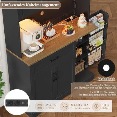 Кухонний гарнітур FirFurd 180 см з LED-підсвіткою, полицею для спецій та стільницею, буфет-сайдбор з розетками для кухні, чорний (180x100x38 см)