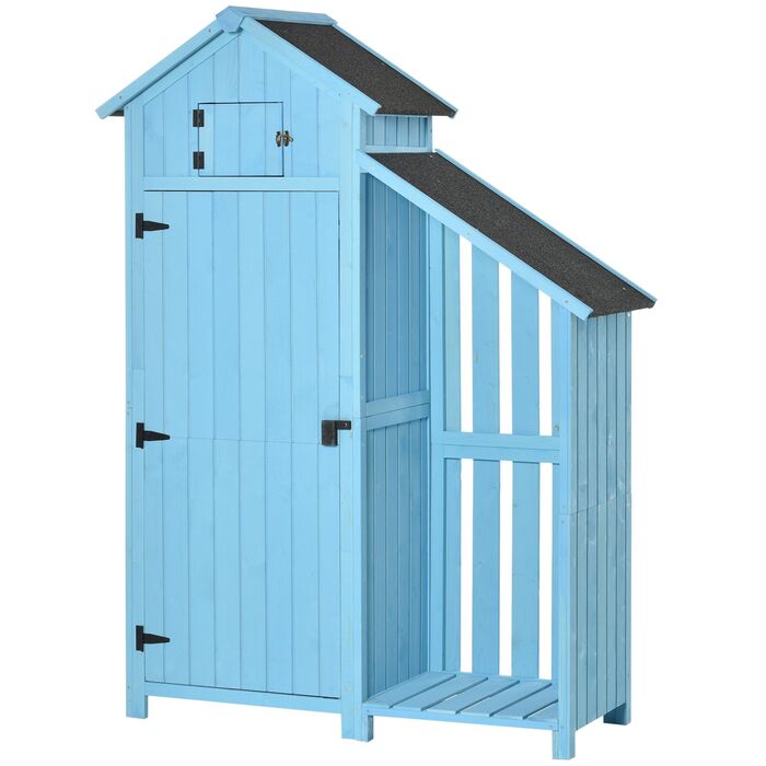 Outsunny Garden Shed Садовий сарай з кімнатою для зберігання дров 3 полиці Асфальтовий дах Ялиця Sky Blue 130x54.5x180см для саду та тераси