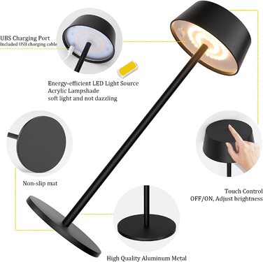 LED акумуляторна настільна лампа Klighten, димована, металева, бездротова, сенсорне керування, IP54, водонепроникна, портативна, для дому та вулиці, 3000K-6000K, USB-C, чорна, 2 шт.