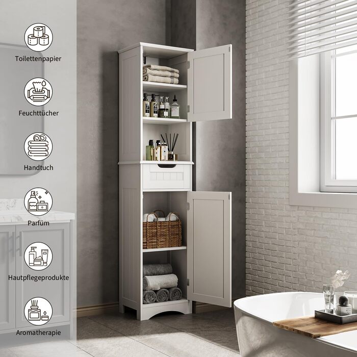 Висока шафа для ванної Bealife 170x40x30 см, біла, з регульованими полицями, відкритою нішею, шухлядою та дверцятами для ванної кімнати, вітальні, спальні