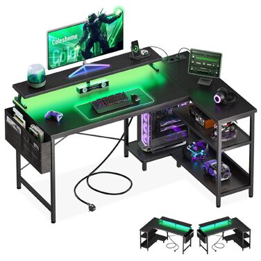 Ігровий кутовий стіл Coleshome з полицями та USB-розетками, 120x80 см, чорний
