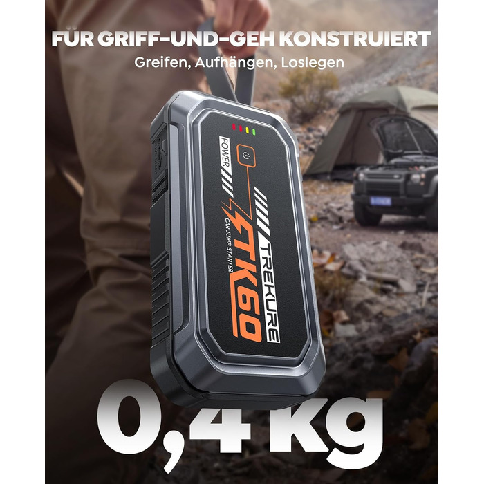 Бустер для автомобіля TREKURE 7000A — Пусковий пристрій (Powerbank) для авто до 9л бензин та 6.5л дизель, з функцією примусового запуску, магнітним кріпленням та 4-в-1 LED робочим світлом, чорний