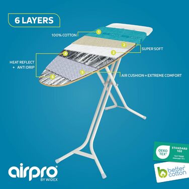 Чохол для прасувальної дошки Airpro By Widex 6-шаровий, для парової праски, розмір L (до 120x42 см), швидке прасування, без води під дошкою, льон, вироблено в Європі