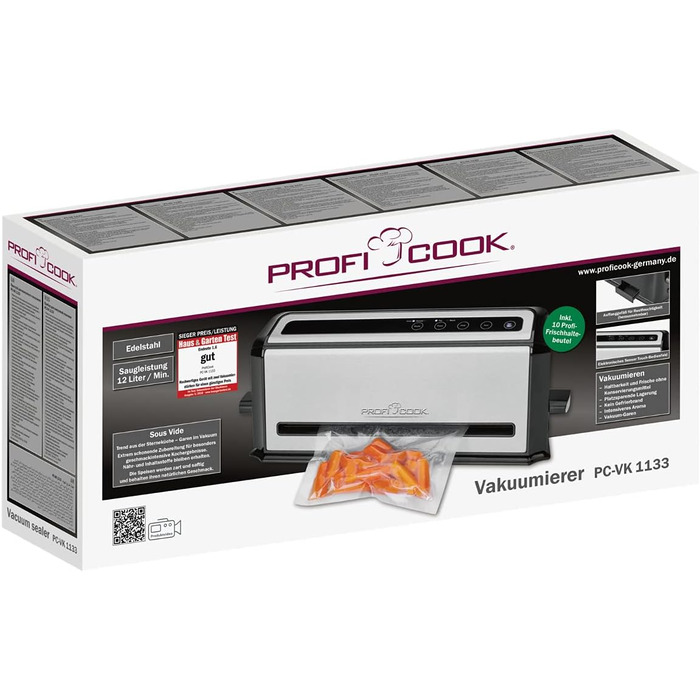 ProfiCook PC-VK 1080 Вакуумний пакувальник з насосом для Sous Vide | 12 л/хв, нержавіюча сталь, 10 пакетів