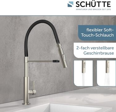 Змішувач кухонний Schütte 23138 Design з висувним шлангом Soft Touch, поворотний на 360°, нержавіюча сталь/чорний