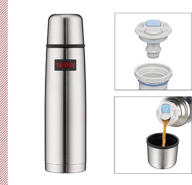 Термос для напоїв THERMOS Light & Compact 1 л, нержавіюча сталь, червоний, ізольована пляшка з чашкою, зберігає тепло до 12 годин, холод до 24 годин, герметичний, BPA-free, можна мити в посудомийці