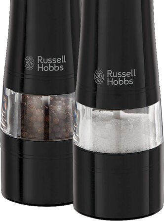 Електричний набір млинків Russell Hobbs для солі та перцю, 2 шт, керамічний механізм, регулювання помолу, LED-підсвічування, чорний, для спецій і трав, модель 28010-56