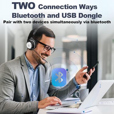 Бездротова гарнітура Wantek з мікрофоном та зарядною станцією, Bluetooth навушники з USB-адаптером для кол-центру, офісу, Zoom, Skype та Teams (сіро-чорний)