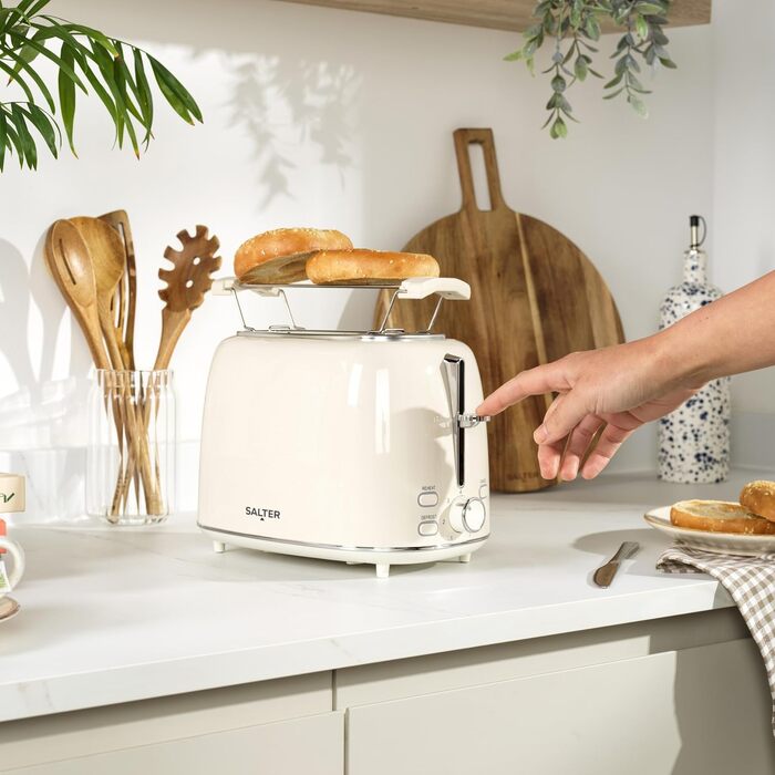 Тостер Salter Retro Creme на 2 тости - 7 режимів підсмажування, розморожування, підігрів, зупинка, підйом тостів, знімний піддон для крихт, автоматичне центрування, тримач для булочок, захист від застрягання, 930 Вт