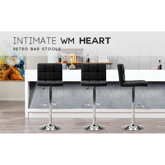 Барні стільці Intimate WM Heart, 2 шт, з м'яким сидінням, чорною оббивкою, спинкою та підніжкою, регульовані по висоті, для кухні та бару, сучасний дизайн