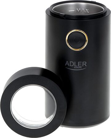 Електрична кавомолка Adler AD 4446bg з нержавіючої сталі, 150 Вт, 75 г, для кавових зерен, з блокуванням безпеки, чорна-золота