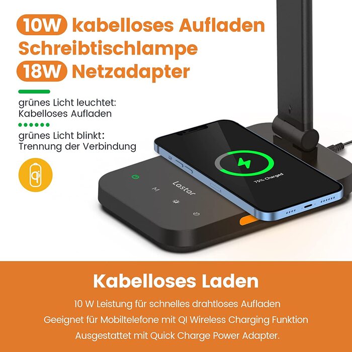 Світлодіодна настільна лампа LASTAR з бездротовою зарядкою, USB-портом, сенсорним керуванням, 5 режимами кольору, захистом для очей, пам’яттю та 5 рівнями яскравості, сучасна чорна