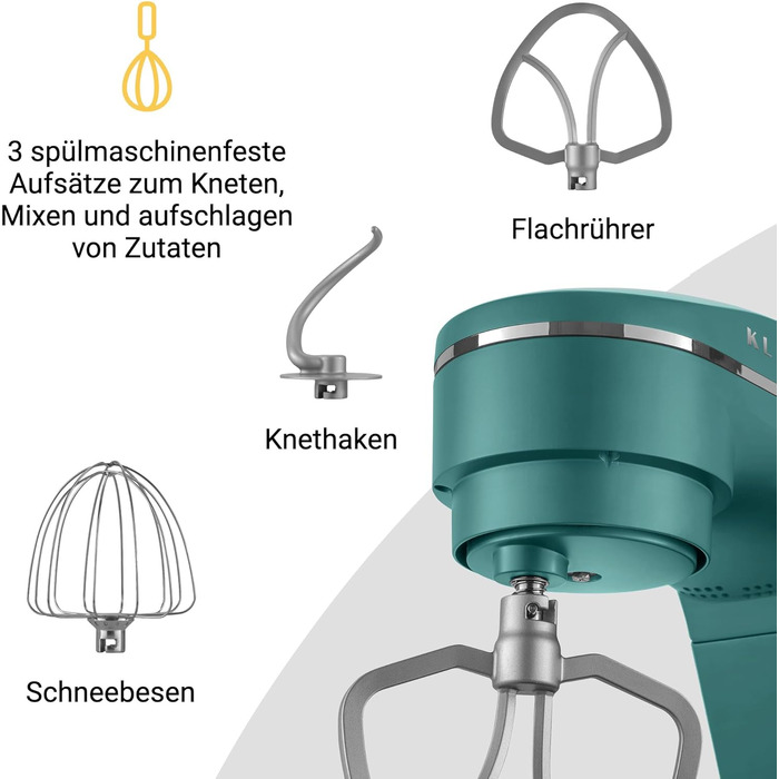 Кухонний комбайн KLAMER 1800W — Планетарний міксер для тіста з чашею 6л, 10 швидкостями та таймером, набір насадок (гак, вінчик, міксер), колір бірюзовий