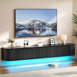 Підвісна тумба під телевізор YITAHOME 140 см з RGB підсвіткою, чорна. Настінна поличка для ТБ з великим об'ємом для вітальні та спальні (180x25x20 см)