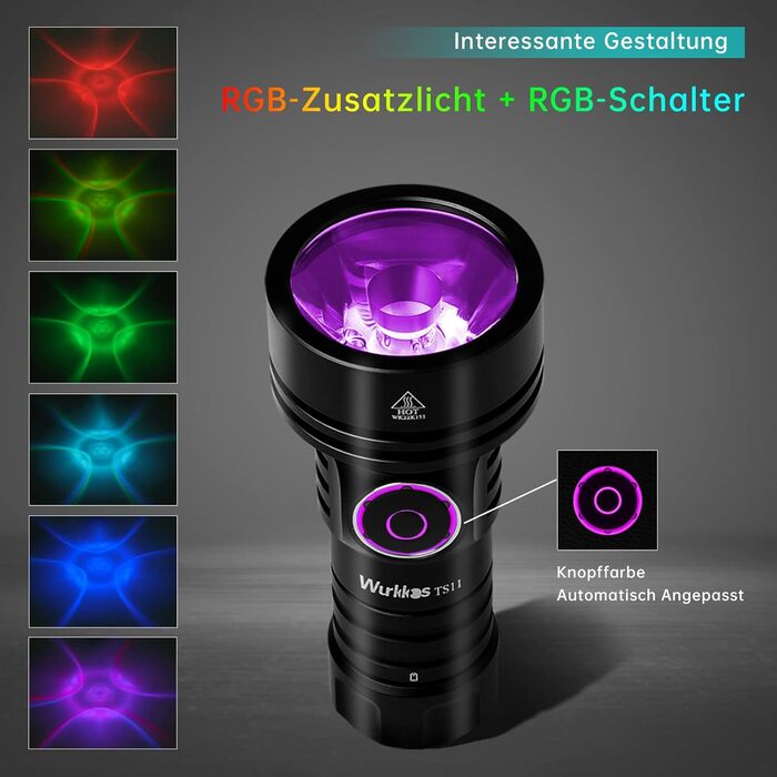 Ліхтарик Wurkkos TS11 Mini LED 2000 люменів з RGB, дальність 616 м, USB-C заряджання, акумулятор 18350, TIR-лінза, чорний, для туризму та активного відпочинку