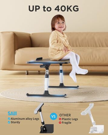 Стіл для ноутбука SAIJI, регульований, стійкі ніжки, велика поверхня 60×33 см, для ноутбуків до 17", для дому, навчання, сніданку, чорний