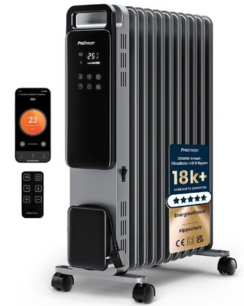 Розумний електричний масляний радіатор Pro Breeze 2500Вт, 11 секцій, з керуванням через Wi-Fi (Smart App), термостатом, таймером на 24г та сенсорним дисплеєм, сріблястий