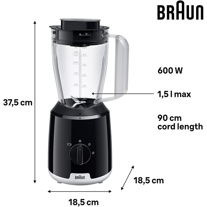 Блендер стаціонарний Braun PowerBlend 1 JB1050WH 600 Вт, скляна колба 1.5 л, чорний - для смузі, подрібнення льоду та приготування пюре
