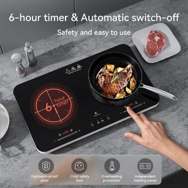 Індукційна плита COOKNANO подвійна 3600W з незалежним керуванням, 20 рівнів потужності та температури, таймер 6 годин, чорна 60x36x5.7 см
