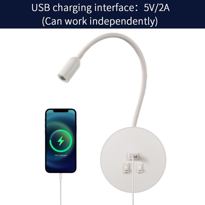 Світлодіодна настінна лампа для читання AWEKLIY з гнучкою ніжкою, USB-заряджання, перемикач, регульований світильник для спальні, 3W 3000K + 8W 6000K, біла