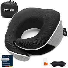 Подорожня подушка для шиї COSYLAND з ефектом пам'яті (Memory Foam) для літака та авто, ергономічна підтримка 360°, регульована, сіра (набір: чохол, маска для сну, беруші)